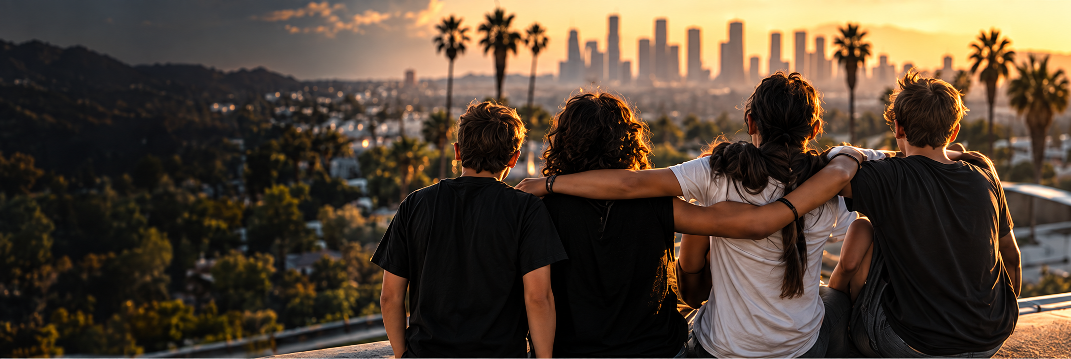 Four young people standing together, looking toward the California skyline